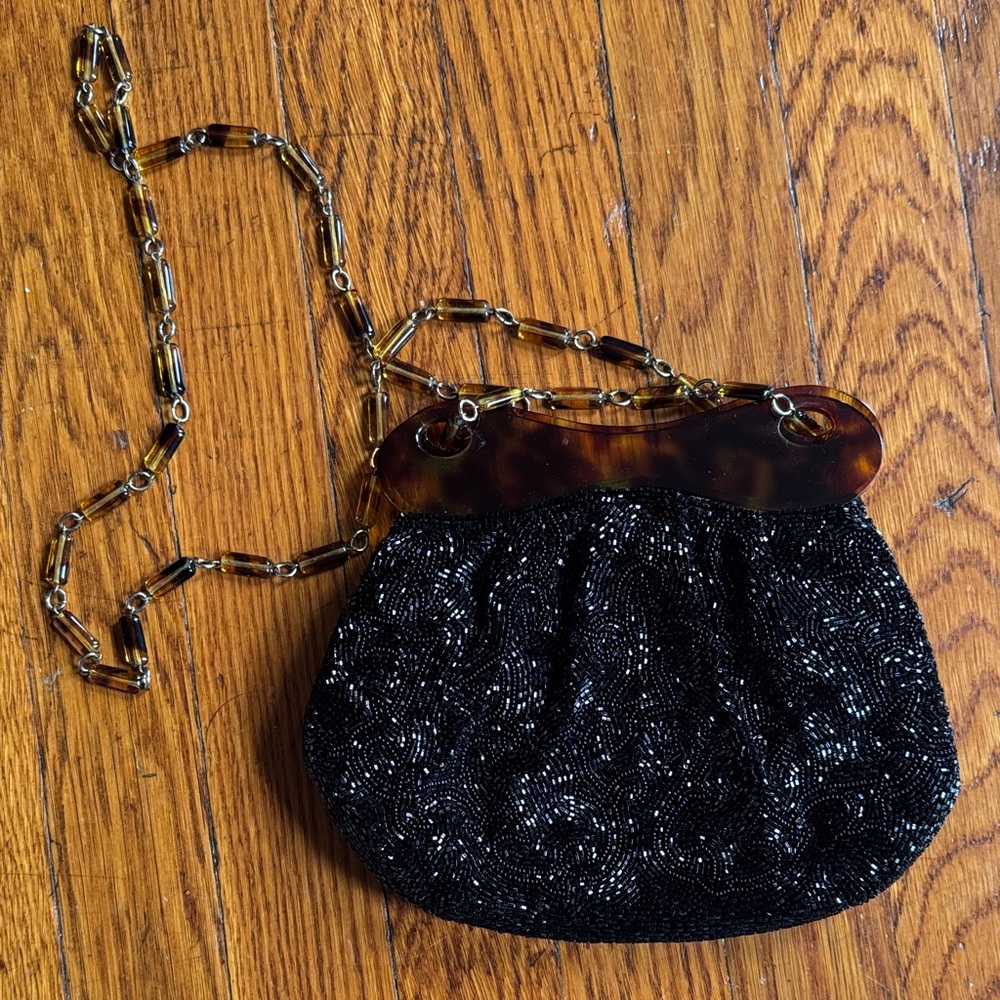 1960s Walborg Black Beaded Crossbody Bag with Tortoise Accents